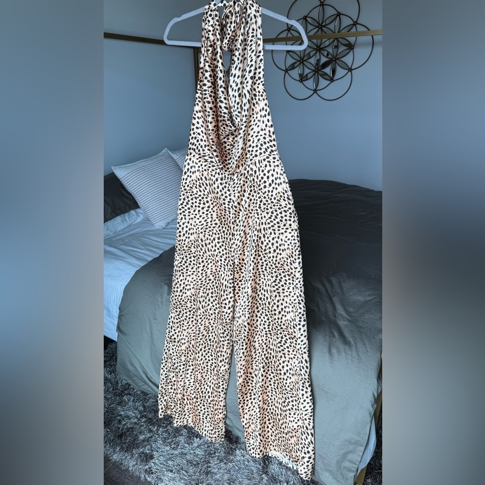 NWOT Majorelle Satin Halter Backless Wide Leg Jumpsuit S Leopard Cheetah Gold S
